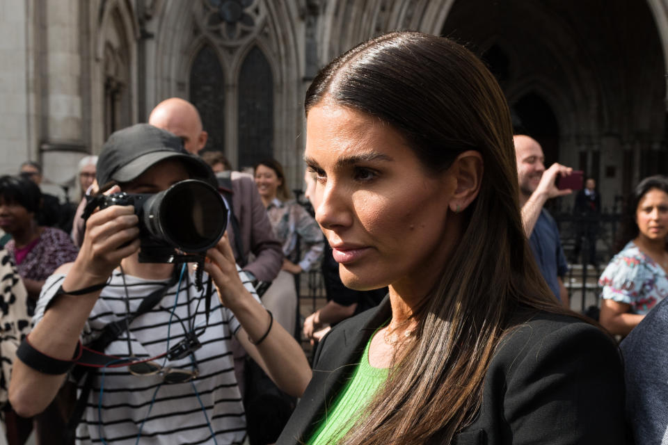 LONDON, UNITED KINGDOM - MAY 19, 2022: Rebekah Vardy, wife of Leicester City striker Jamie Vardy, leaves the Royal Courts of Justice following the final day of the high-profile trial dubbed by the media as 