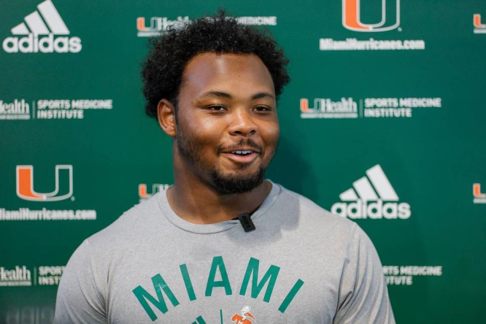 Miami Hurricanes linebacker Corey Flagg Jr. (11) talks to reporters after football practice at the University of Miami campus in Coral Gables, Florida, Tuesday, April 4, 2023.