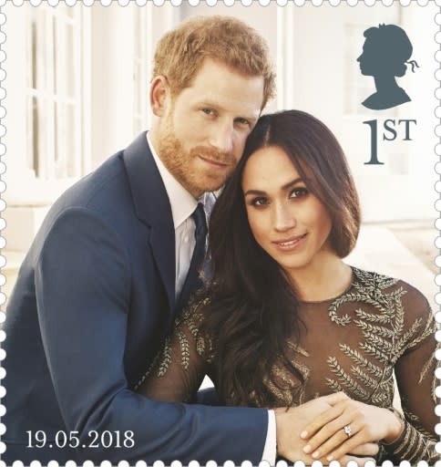 A stamp depicting an official engagement photograph of Britain's Prince Harry and his fiancee Meghan Markle