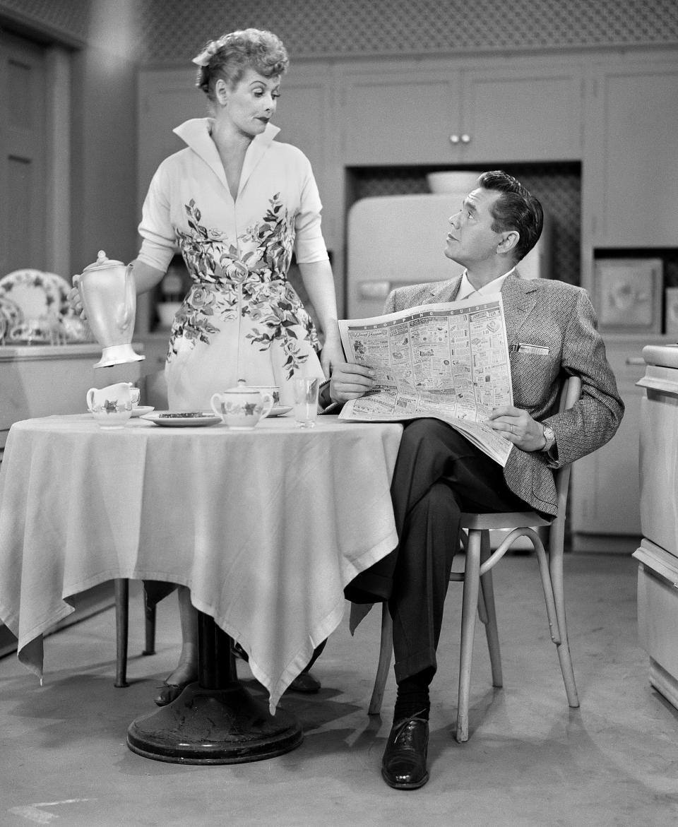 Lucille Ball and Desi Arnaz act in a scene for a 1953 episode of "I Love Lucy"