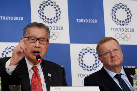 International Olympic Committee (IOC) Vice President and Chairman of the Coordination Commission for the Tokyo 2020 Games John Coates (R) and Yoshiro Mori, head of the 2020 Tokyo Olympics organising committee attend at a news conference in Tokyo, Japan, December 2, 2016. REUTERS/Kim Kyung-Hoon