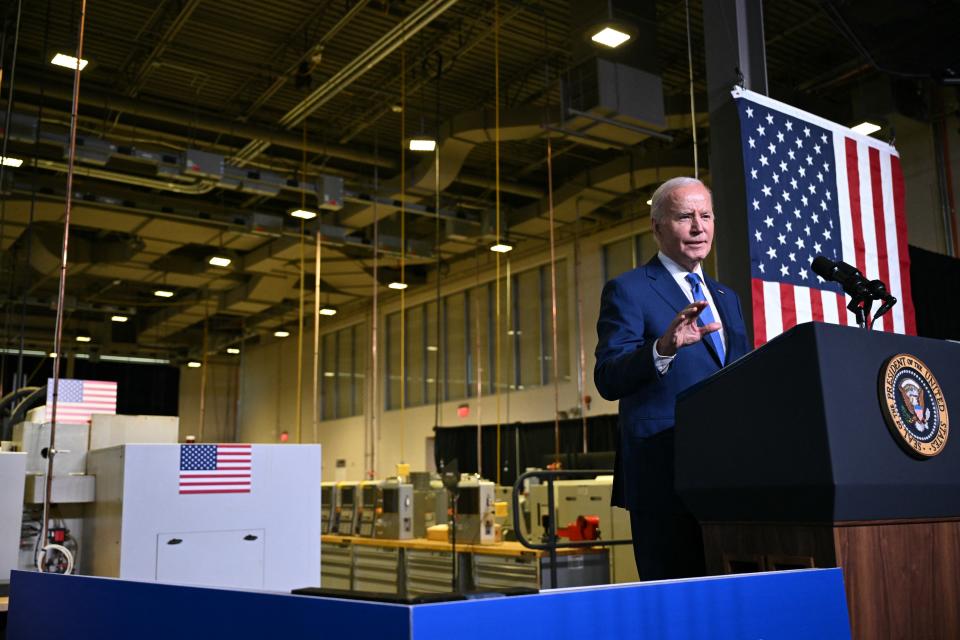 US President Joe Biden speaks about his Investing in America agenda, at Gateway Technical College in Sturtevant, Wisconsin, on May 8, 2024. Biden is highlighting a major investment by Microsoft in Racine, Wisconsin, a city on the shores of Lake Michigan, as part of the president's plan of 