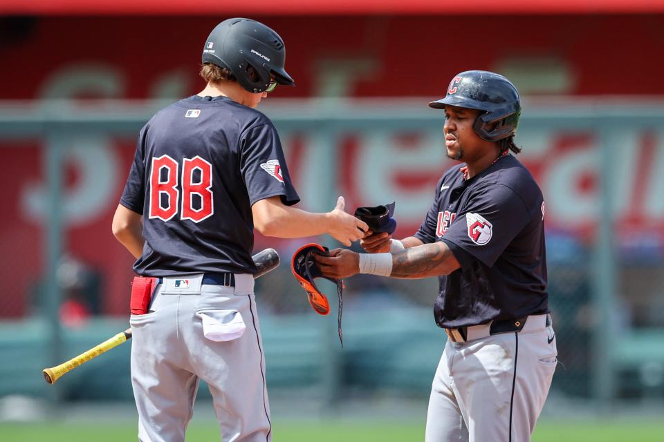 Cleveland Guardians third base Jose Ramírez (11) on second base after hitting a double during the eighth inning Sunday against the Kansas City Royals in Kansas City, Missouri.