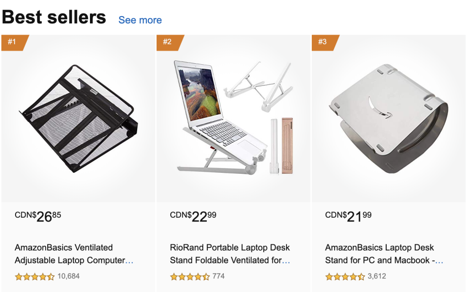 A list of the best selling laptop stands on Amazon.ca. Credit: Screenshot from Amazon.ca