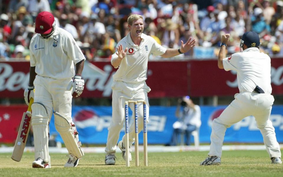 Matthew Hoggard of England celebrates taking the wicket of Brian Lara of the West Indies during Day 4 of the 1st Test between West Indies and England at Sabina Park on March 14, 2004 in Kingston, Jamaica