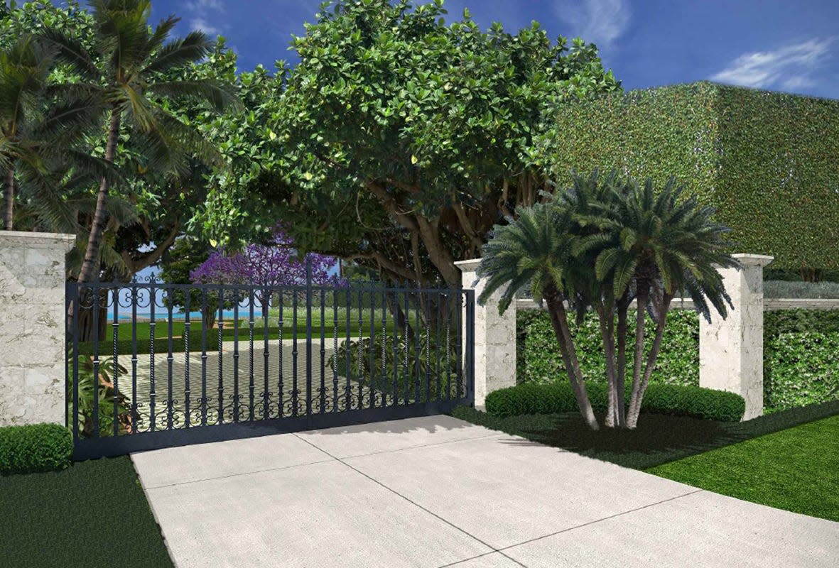 New gates fronting South Ocean Boulevard in Palm Beach have been designed as part of a tennis-court project for a lakeside lot owned by a company linked to billionaire Ken Griffin. The gates will match the ones at an oceanfront mansion Griffin's company also owns across the street at 1295 S. Ocean Blvd.