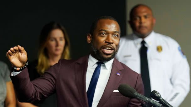 PHOTO: Richmond Mayor Levar Stoney, left, gestures while Police Chief Gerald M Smith, right, listens during a press conference at Richmond Virginia Police headquarters, July 6, 2022, in Richmond, Va. (Steve Helber/AP)