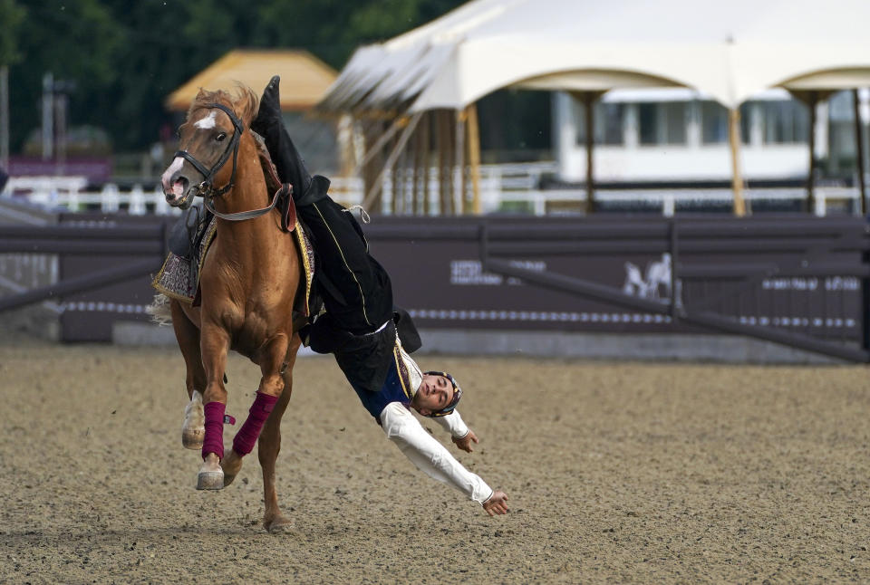 <p>Riders from Azerbaijan perform a display at the Royal Windsor Horse Show, Windsor. Picture date: Wednesday June 30, 2021.</p>
