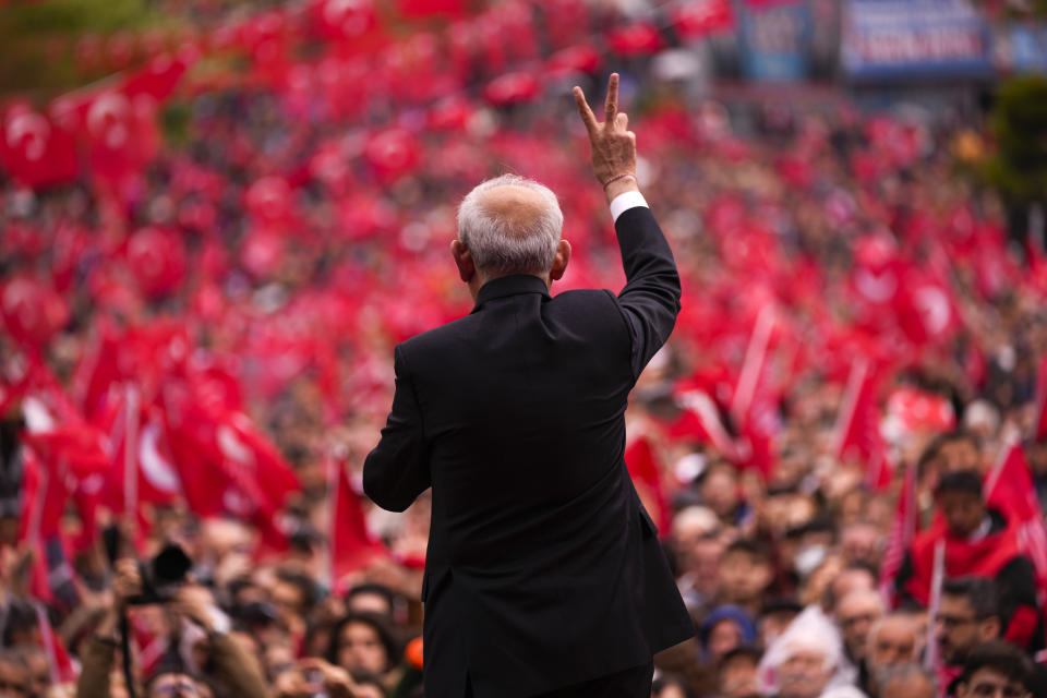 Kemal Kilicdaroglu, leader of Turkey's main opposition Republican People's Party, CHP, speaks at a campaign rally in Tekirdag, Turkey, on Thursday, April 27, 2023. Kilicdaroglu, the main challenger to President Recep Tayyip Erdogan in the May 14 election, cuts a starkly different figure than the incumbent who has led the country for two decades. As the polarizing Erdogan has grown increasingly authoritarian, Kilicdaroglu has a reputation as a bridge builder and vows to restore democracy. (AP Photo/Francisco Seco)