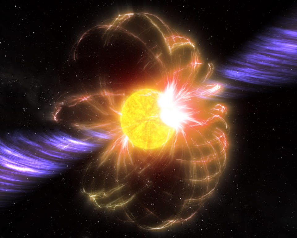 Illustration eines Magnetars mit Magnetfeld und starken Jets