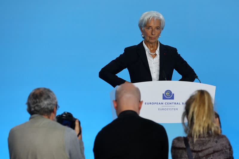 ECB's Lagarde attends a news conference following the monetary policy meeting in Frankfurt