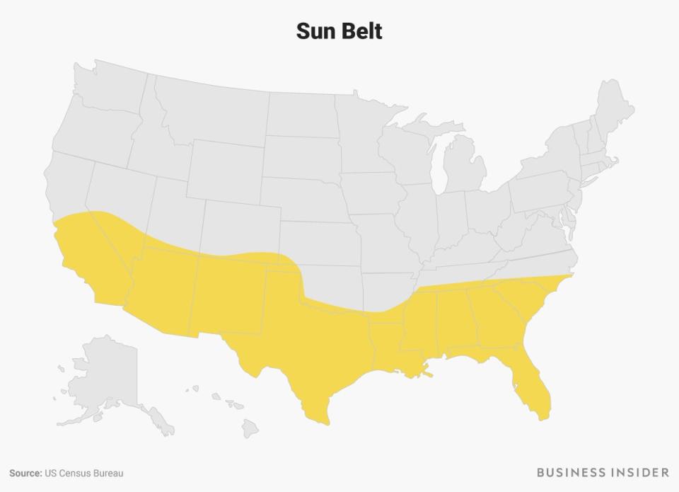 The Sun Belt region is highlighted in yellow on a US map.
