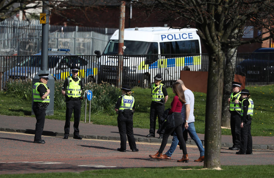 Police officers in Glasgow Green to ensure members of the public are following lockdown guidelines as the UK continues in lockdown to help curb the spread of the coronavirus.