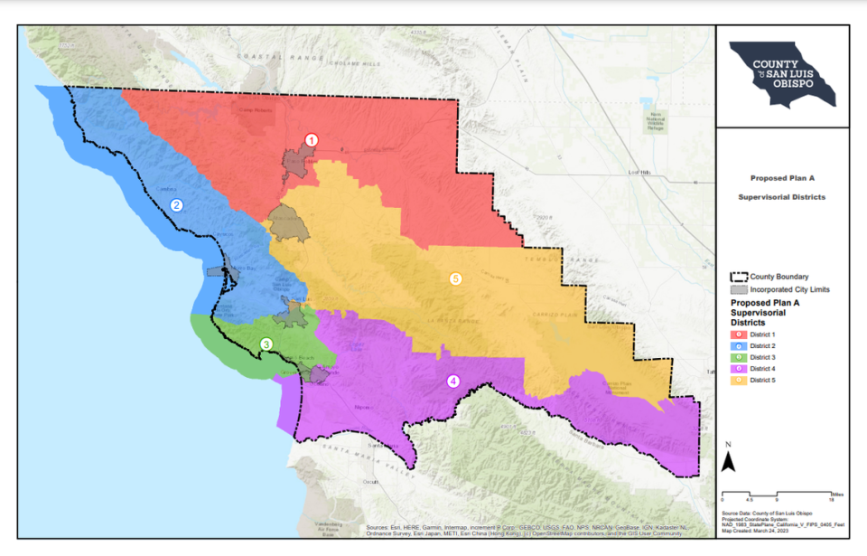 The SLO County Board of Supervisors will consider adopting Map A, designed by the firm Redistricting Partners, to replace the Patten map adopted in 2021.