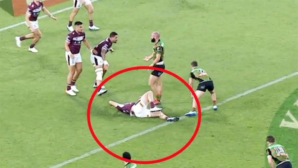 Seen here, Manly's Sean Keppie lies on the floor after a head injury against the Rabbbitohs.