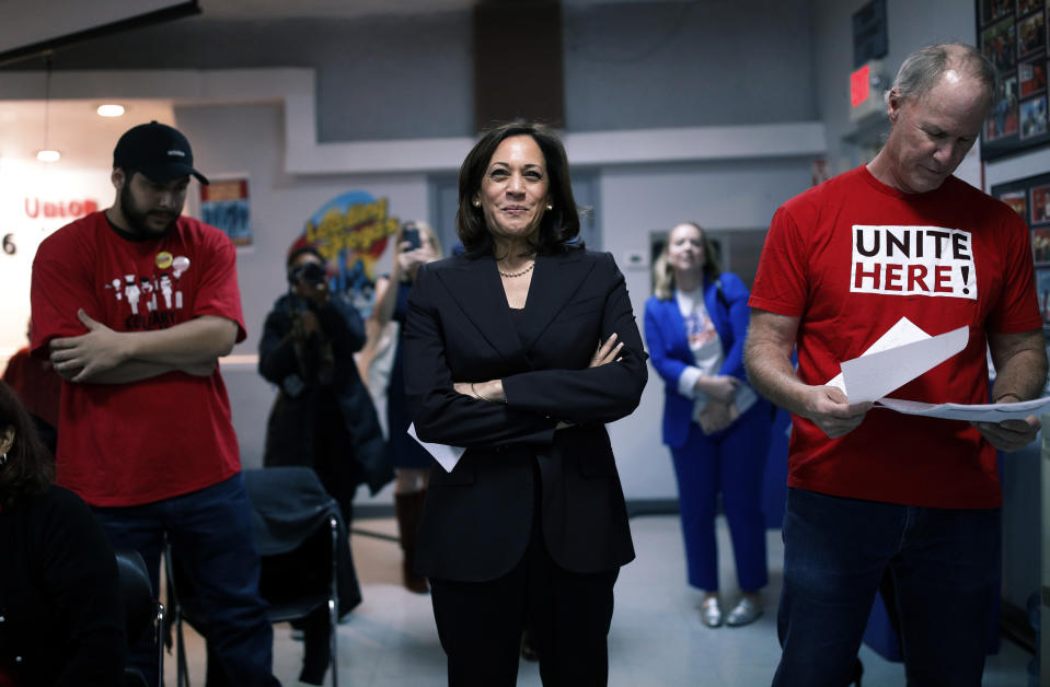 Democratic presidential candidate Sen. Kamala Harris, D-Calif., waits before speaking at a town hall event at the Culinary Workers Union, Friday, Nov. 8, 2019, in Las Vegas. (AP Photo/John Locher)