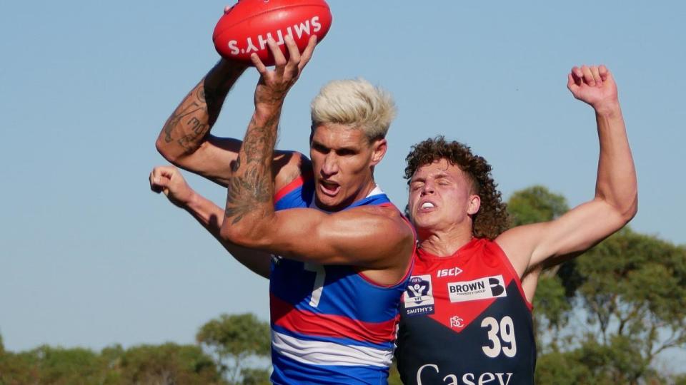 Assignment Freelance Picture MELBOURNE, AUSTRALIA - NewsWire Photos MARCH 30, 2024: Rory Lobb
 takes a contested mark during the VFL Round 2 match between Casey Demons and
 Footscray Bulldogs at Casey Fields. Picture: NCA NewsWire/Blair Jackson