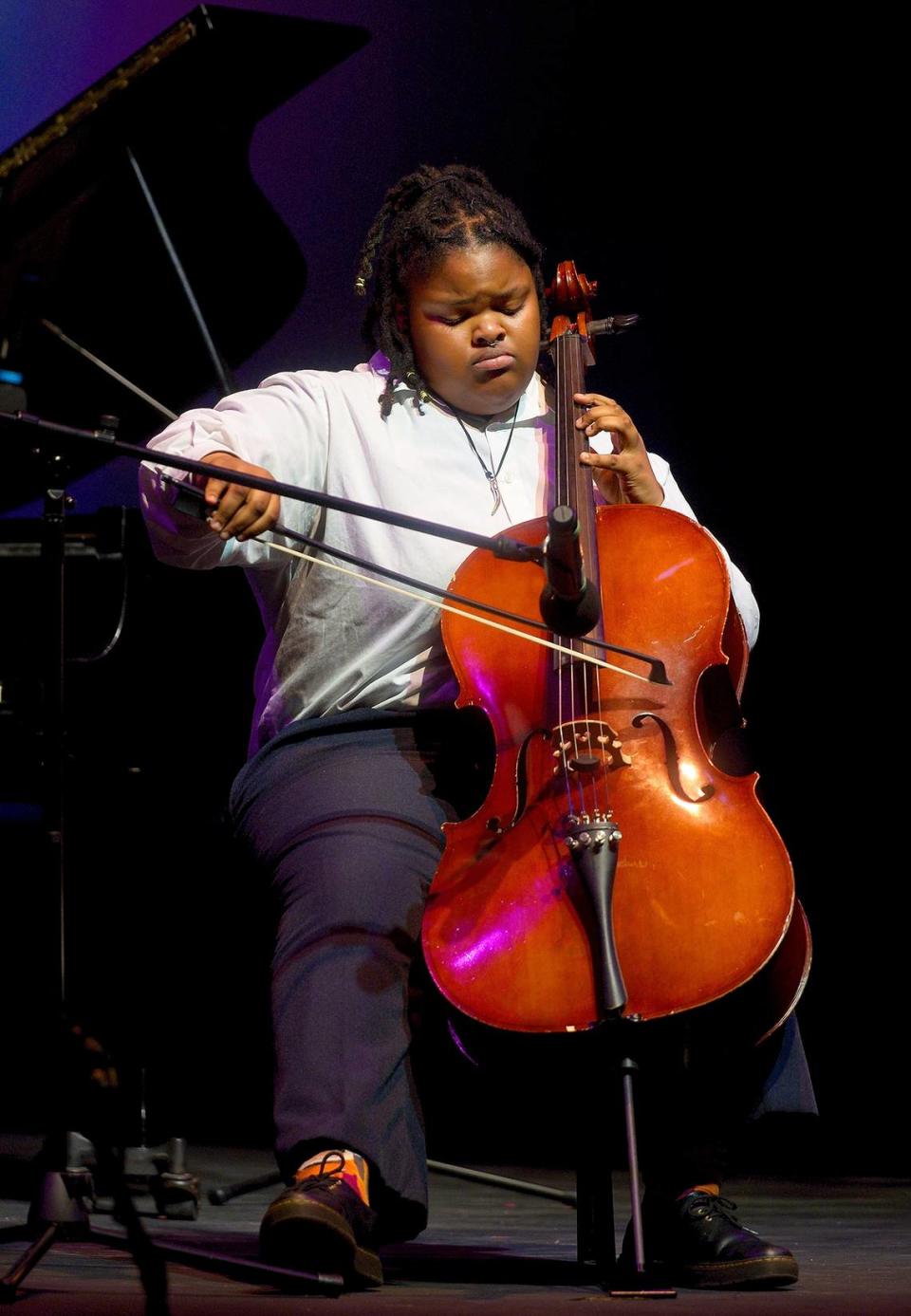 Harmoni Warren, 16, of Arthur & Polly Mays Conservatory of the Arts, performs on the cello at Young Talent Big Dreams 2024 finals on the Actors’ Playhouse stage at the Miracle Theatre in Coral Gables on May 11, 2024. Harmoni won the Individual Musical Instrument category for her performance.