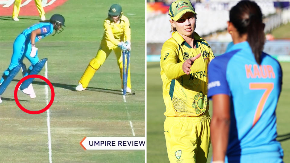 Harmanpreet Kaur, pictured here being run out in freakish fashion as Australia beat India at the T20 cricket World Cup.