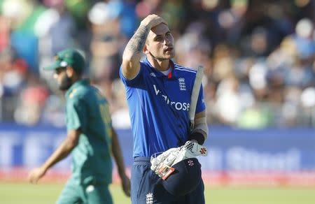 England's Alex Hales leaves the field after being dismissed on 99 during the second One Day International cricket match against South Africa in Port Elizabeth, February 6, 2016. REUTERS/Mike Hutchings
