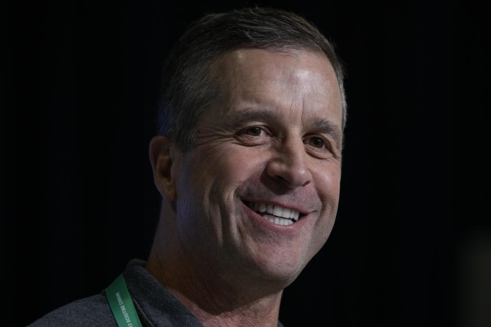 Baltimore Ravens head coach John Harbaugh speaks during a press conference at the NFL football scouting combine in Indianapolis, Wednesday, March 1, 2023. (AP Photo/Michael Conroy)
