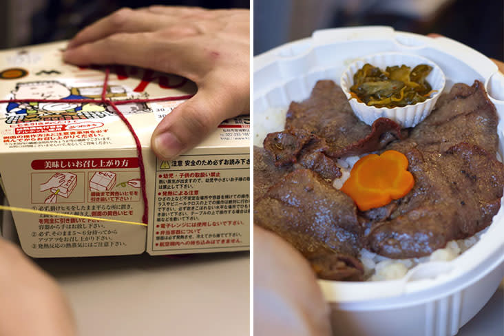 Pull the string on a self-warming 'ekiben' to begin the heating process (left). With a self-heating 'ekiben', you can enjoy a hot meal anytime during your train journey! (right)