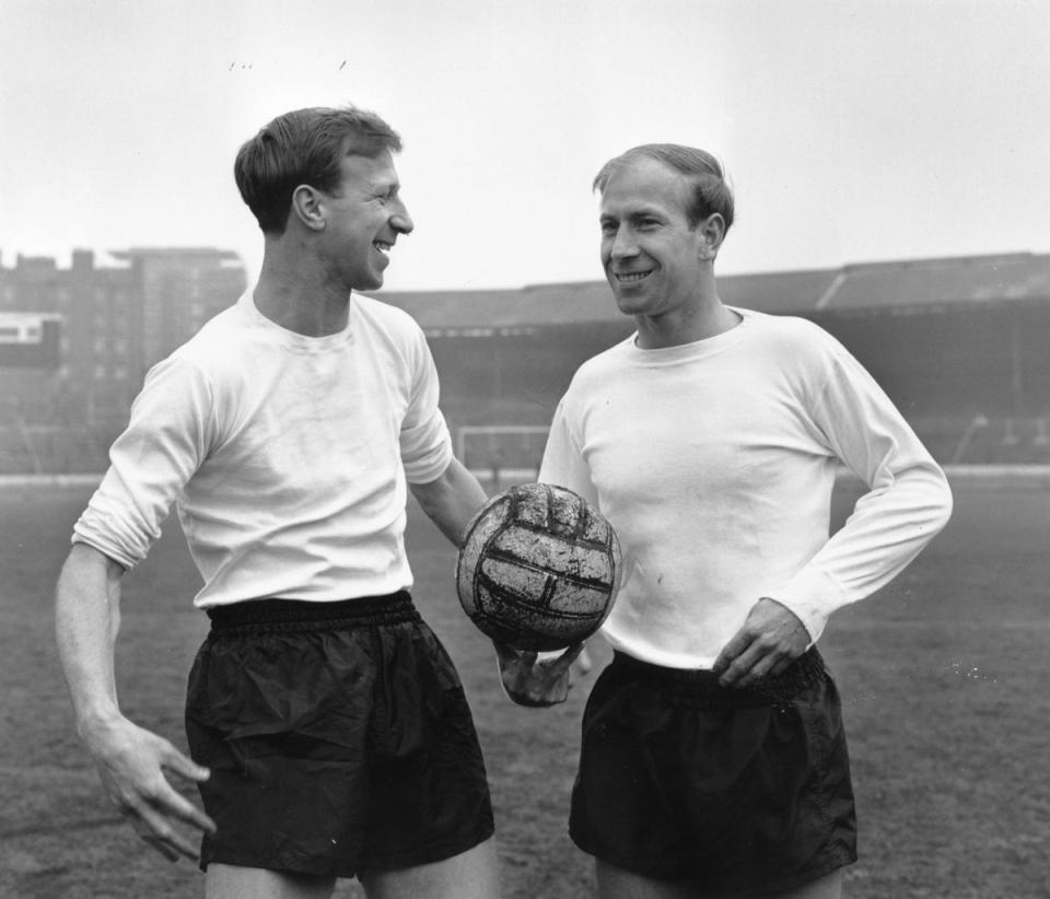 With brother Jack at an England training session at Stamford Bridge, in April 1965 (Getty)