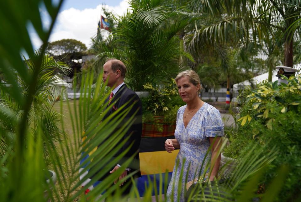 The Earl and the Countess of Wessex in the garden of Government House in St John’s, Antigua and Barbuda, in April (Joe Giddens/PA) (PA Wire)