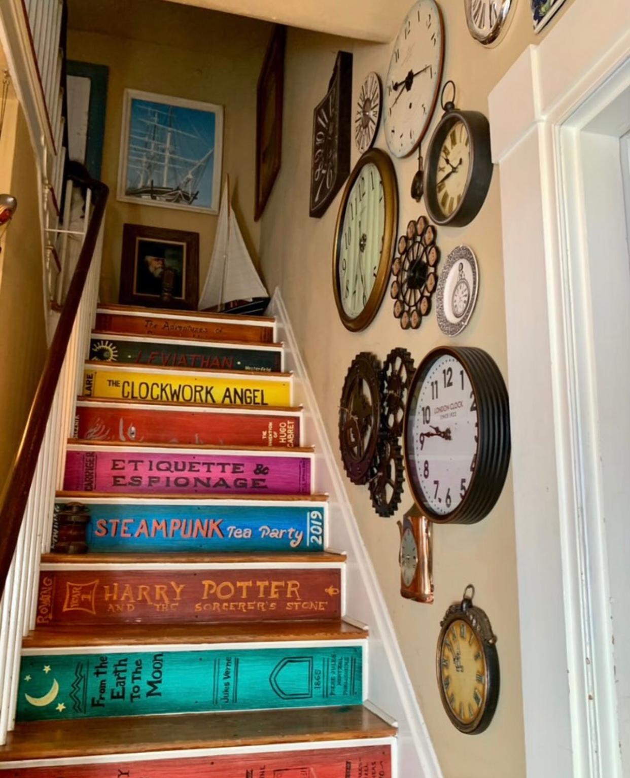 Book themed stairs, Steampunk decor and clocks, as well as nautical nods to the Captain's House in which it's located, seen at Lady Magpie's Tea & Curiosities in Tuckerton.