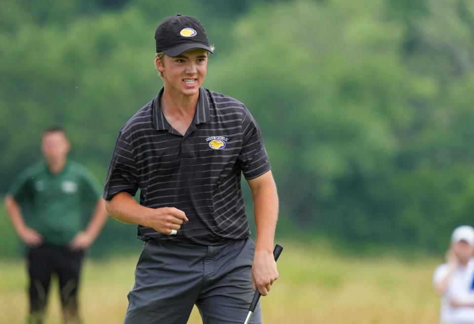 Leo Wessel, a junior at Guerin Catholic, celebrates at the 18th hole as he clinches the IHSAA individual state title Wednesday, June 14, 2023, at Prairie View Golf Club in Carmel. Wessel finished 6 under par in the two-day tournament. 