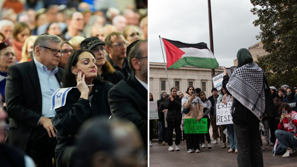 Left: Community Vigil for Israel at the Jewish Community Center of Greater Columbus. Right: The Ohio State University chapter of Students for Justice in Palestine held a rally at the Ohio Statehouse.