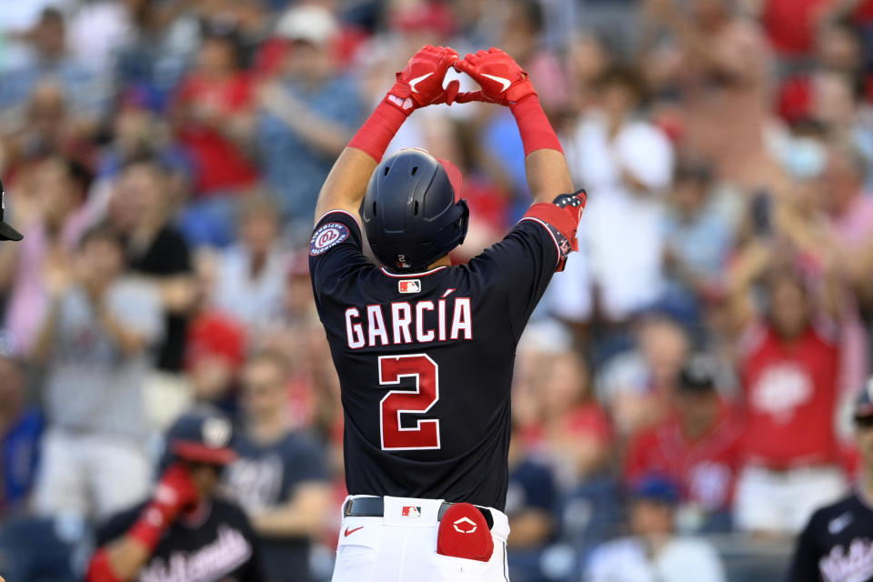 Washington Nationals' Luis Garcia celebrates his home run against the Chicago Cubs during the second inning of a baseball game Friday, July 30, 2021, in Washington. (AP Photo/Nick Wass)