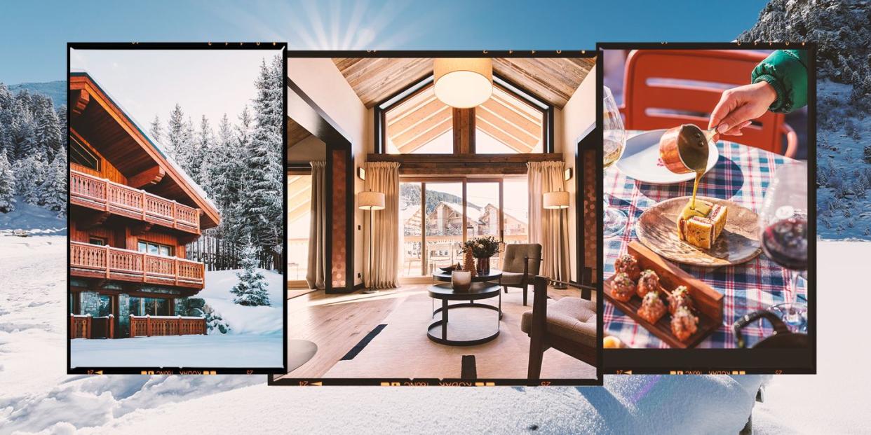 meribel ski resort collage of images including a challet the landscape and a meal