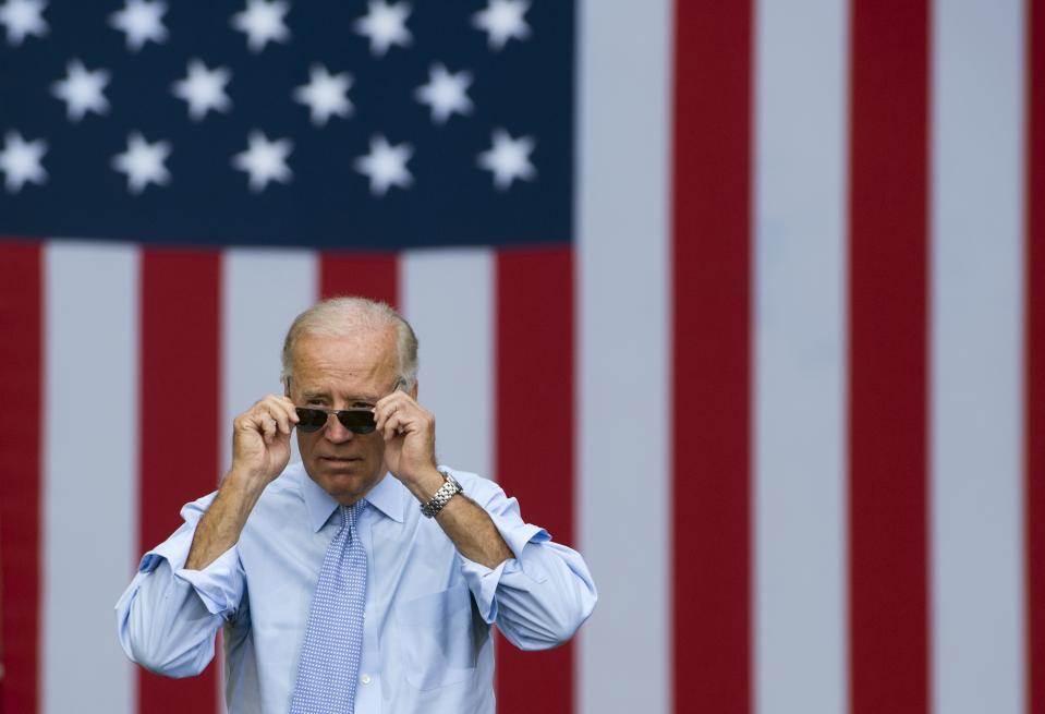 US Vice President Joe Biden takes his sunglasses off as he arrives for a campaign event with President Barack Obama at Strawbery Banke Field in Portsmouth, New Hampshire, on September 7, 2012.   AFP PHOTO / Saul LOEB (Photo by Saul LOEB / AFP) (Photo by SAUL LOEB/AFP via Getty Images)