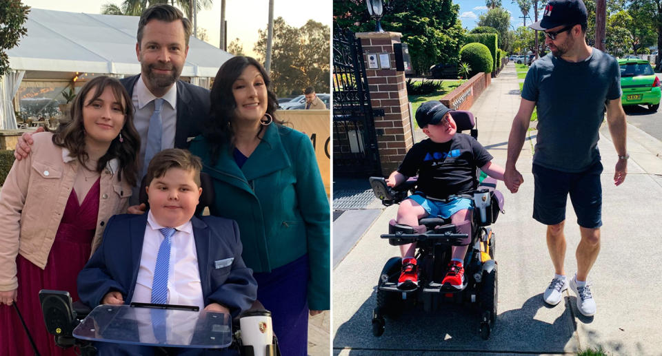 Tim McPhail with his wife Patricia and two kids on the left. Right he is seen holding hands with his son Ollie and he uses his wheelchair.