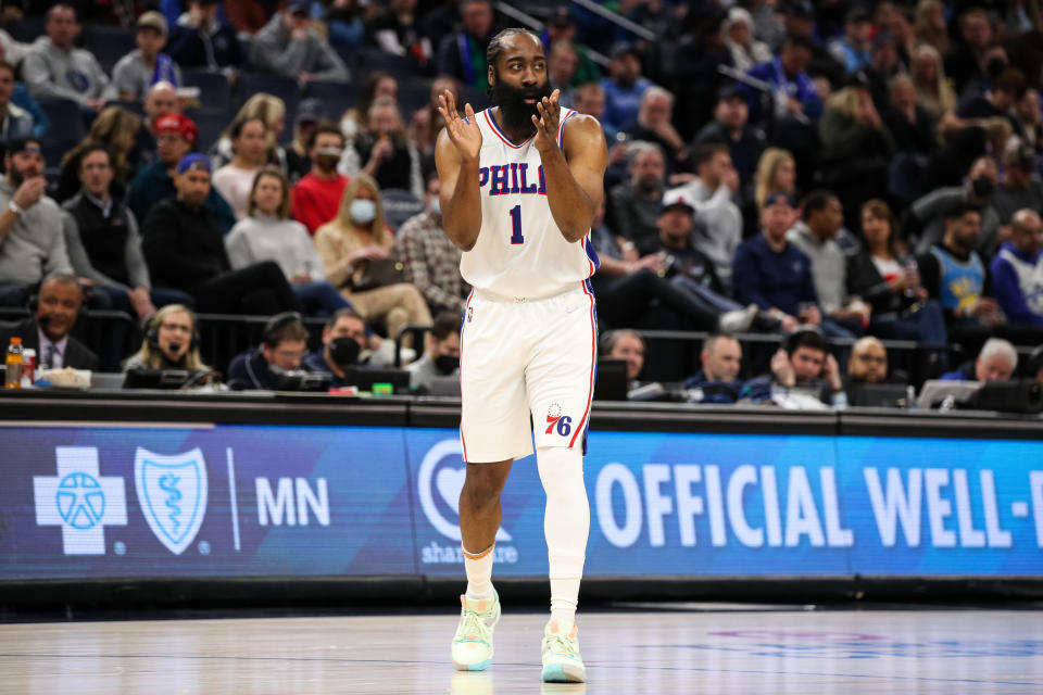 MINNEAPOLIS, MN - FEBRUARY 25: James Harden #1 of the Philadelphia 76ers reacts to a play on the court against the Minnesota Timberwolves in the first quarter of the game at Target Center on February 25, 2022 in Minneapolis, Minnesota. NOTE TO USER: User expressly acknowledges and agrees that, by downloading and or using this Photograph, user is consenting to the terms and conditions of the Getty Images License Agreement. (Photo by David Berding/Getty Images)