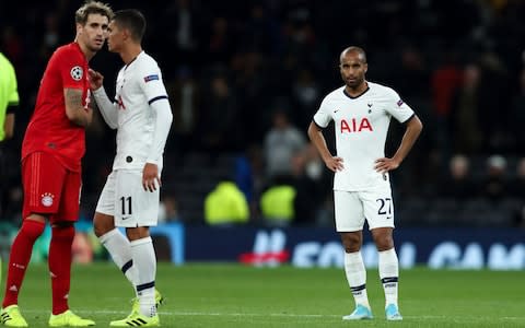 A dejected Lucas Moura of Tottenham Hotspur at full time of the UEFA Champions League group B match between Tottenham Hotspur and Bayern Muenchen at Tottenham Hotspur Stadium - Credit: Getty images