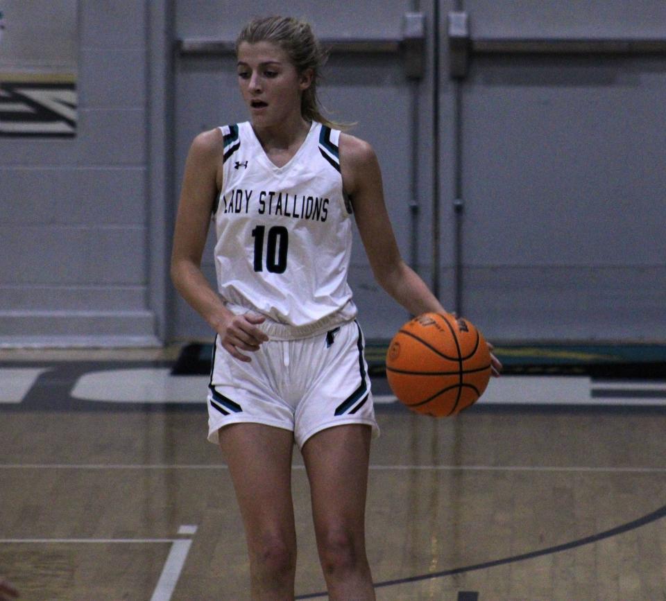 Providence guard Janie Boyd (10) dribbles up the court against Father Lopez. The junior guard returns for Providence after missing the whole 2022-23 season.