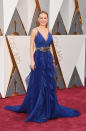 Best actress nominee Brie Larson looks effortless in this stiking blue Gucci gown, accessorized with a diamond-encrusted waist belt.