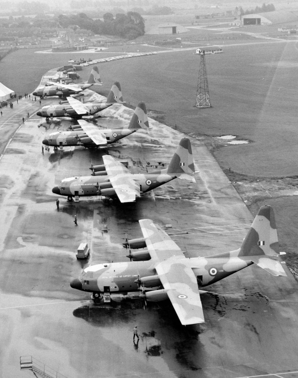 Five of the first C-130K Hercules delivered to the U.K. Royal Air Force. <em>Photo by Central Press/Archive Photos/Getty Images</em>