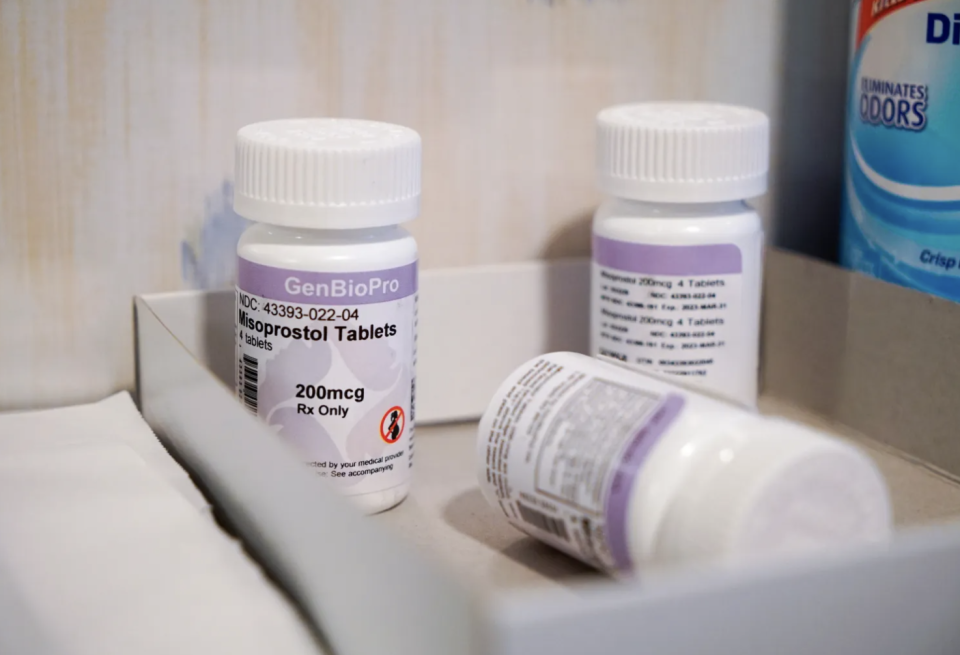 Bottles of the drug misoprostol sit on a table on March 15, 2022. Misoprostol is used as the second step in a medication abortion.