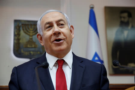 FILE PHOTO: Israeli Prime Minister Benjamin Netanyahu speaks during the weekly cabinet meeting at the Prime Minister's office in Jerusalem, May 19, 2019. Ariel Schalit/Pool via REUTERS/File Photo