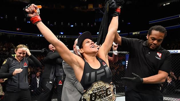 Amanda Nunes celebrates her win. Pic: Getty