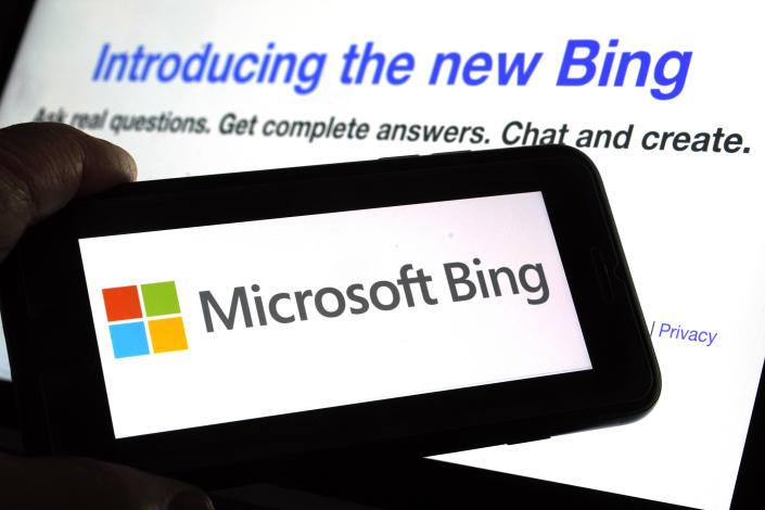 The Microsoft Bing logo and the website's page are shown in this photo taken in New York on Tuesday, Feb. 7, 2023. Microsoft is fusing ChatGPT-like technology into its search engine Bing, transforming an internet service that now trails far behind Google into a new way of communicating with artificial intelligence. (AP Photo/Richard Drew)