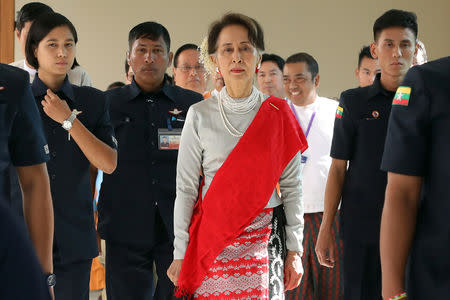 Myanmar's State Counsellor Aung San Suu Kyi arrives at the Rakhine State Investment Fair at Ngapali beach in Thandwe, Rakhine, Myanmar February 22, 2019. REUTERS/Ann Wang