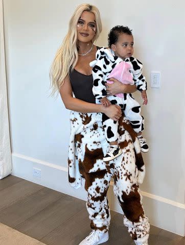 <p>Khloe Kardashian/Instagram</p> Khloé Kardashian and son Tatum show off their cow costumes for Halloween.