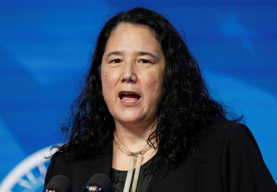 Isabel Guzman, U.S. President-elect Joe Biden's nominee to be Small Business Administrator, speaks as Biden announces members of his economics and jobs team at transition headquarters in Wilmington, Delaware, U.S., January 8, 2021. REUTERS/Kevin Lamarque