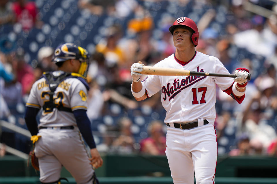 Washington Nationals' Alex Call reacts after striking out with the bases loaded during the fourth inning of a baseball game against the Milwaukee Brewers at Nationals Park, Wednesday, Aug. 2, 2023, in Washington. (AP Photo/Alex Brandon)