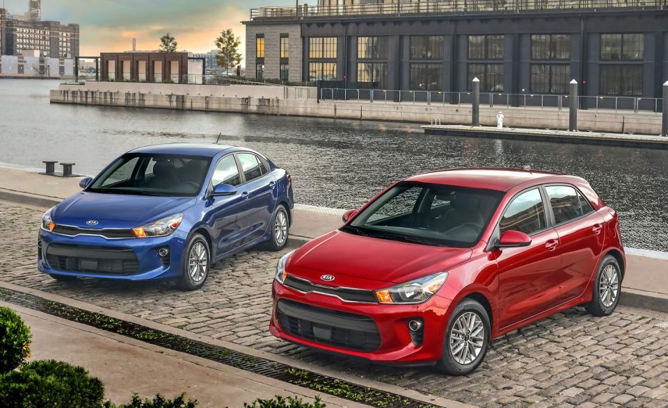 <p>The <a href="https://www.caranddriver.com/kia/rio" rel="nofollow noopener" target="_blank" data-ylk="slk:Kia Rio;elm:context_link;itc:0;sec:content-canvas" class="link ">Kia Rio</a> has more standard features as well as a new engine and transmission this year. Kia has replaced its 130-hp 1.6-liter four-cylinder and six-speed automatic with an all-new 120-hp 1.6-liter four and a CVT automatic. Its power may have decreased, but its fuel efficiency has shot way up. Its EPA ratings are now 33 mpg city and 41 mpg highway, which are up by 5 and 4 mpg, respectively.</p><p>The sharp looking Rio is available in two body styles, a four-door sedan and five-door hatchback. Rio sedans are available in LX and S trim levels, while every hatchback is in the S trim. Both offer a refined ride, agile handling, and a charming interior. Prices start below $17,000 and every model now has a 7.0-inch touchscreen with Apple CarPlay and Android Auto capability. The S model adds a center armrest, cruise control, a rear USB outlet, split-folding rear seat with adjustable headrests, and keyless entry but only costs about $700 more.</p>