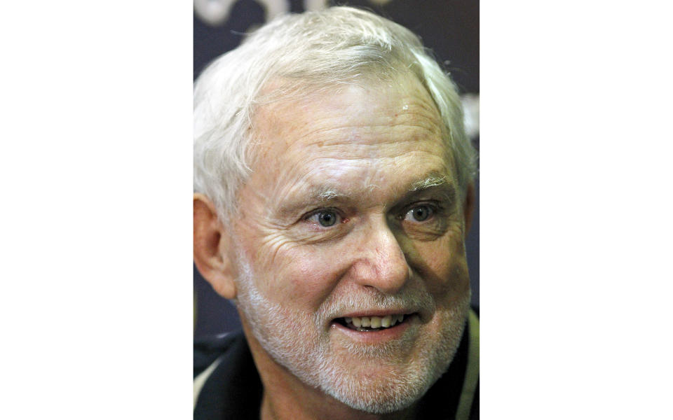 Former New Orleans Saints kicker Tom Dempsey speaks with the media Thursday, November 4, 2010 at the Saints' practice facility in Metairie, La. Dempsey, who played in the NFL despite being born without toes on his kicking foot and made a record 63-yard field goal, died late Saturday, April 4, 2020 while struggling with complications from the new coronavirus, his daughter said. He was 73 years old. (Brett Duke/The Advocate via AP)